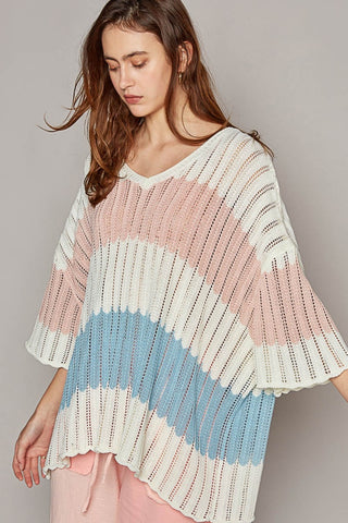 V-Neck Short Sleeve Stripe Weave Sweater