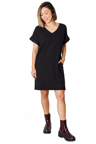 Full Size Rolled Short Sleeve V-Neck Dress