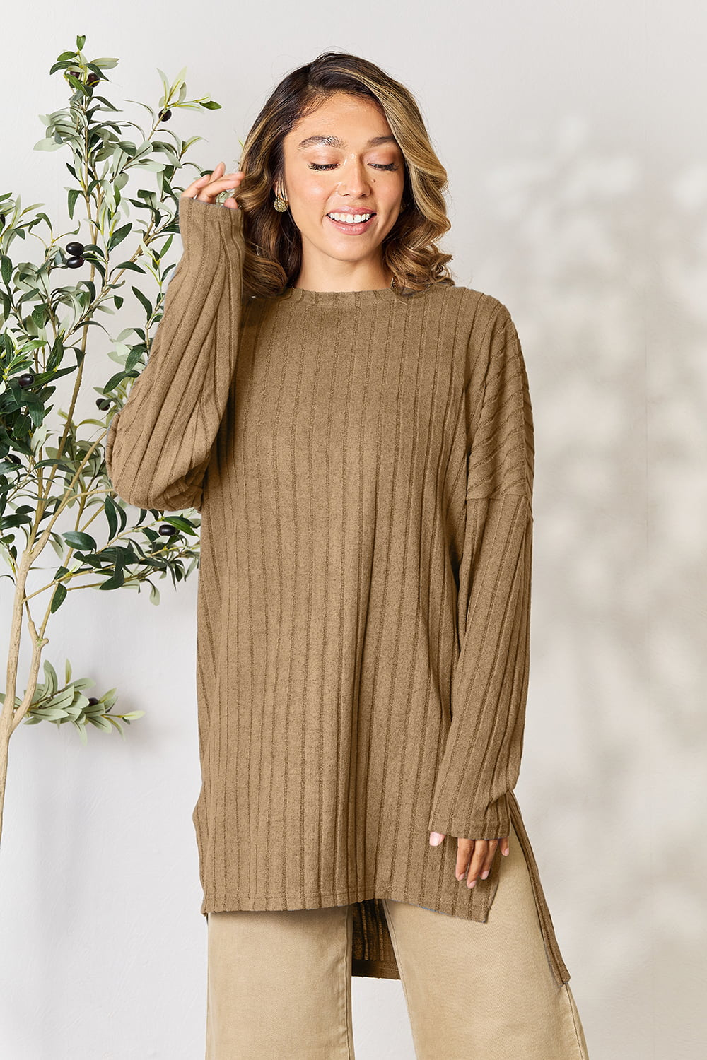 Basic BAE Full Size Ribbed Round Neck Long Sleeve Slit Top