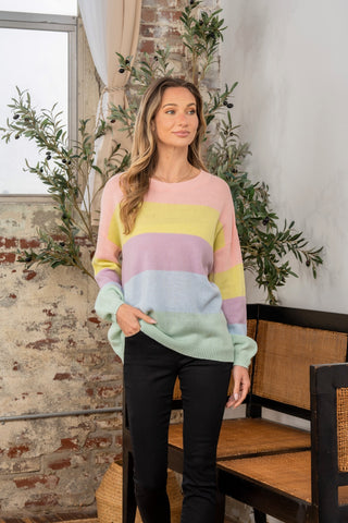 Full Size Color Block Round Neck Dropped Shoulder Sweater