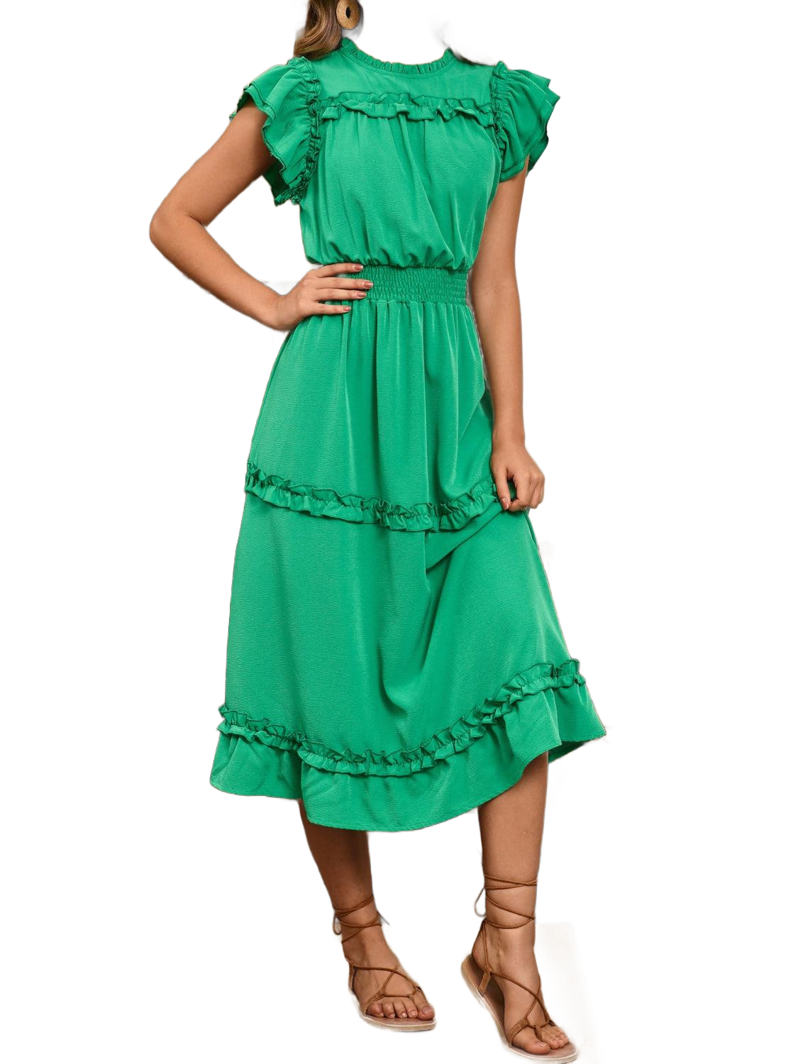 Frill Round Neck Cap Sleeve Midi Dress