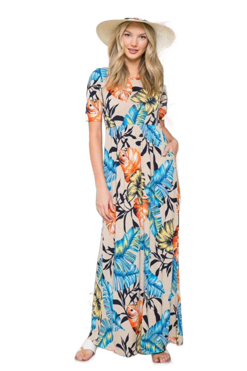 Full Size Printed Round Neck Short Sleeve Maxi Dress