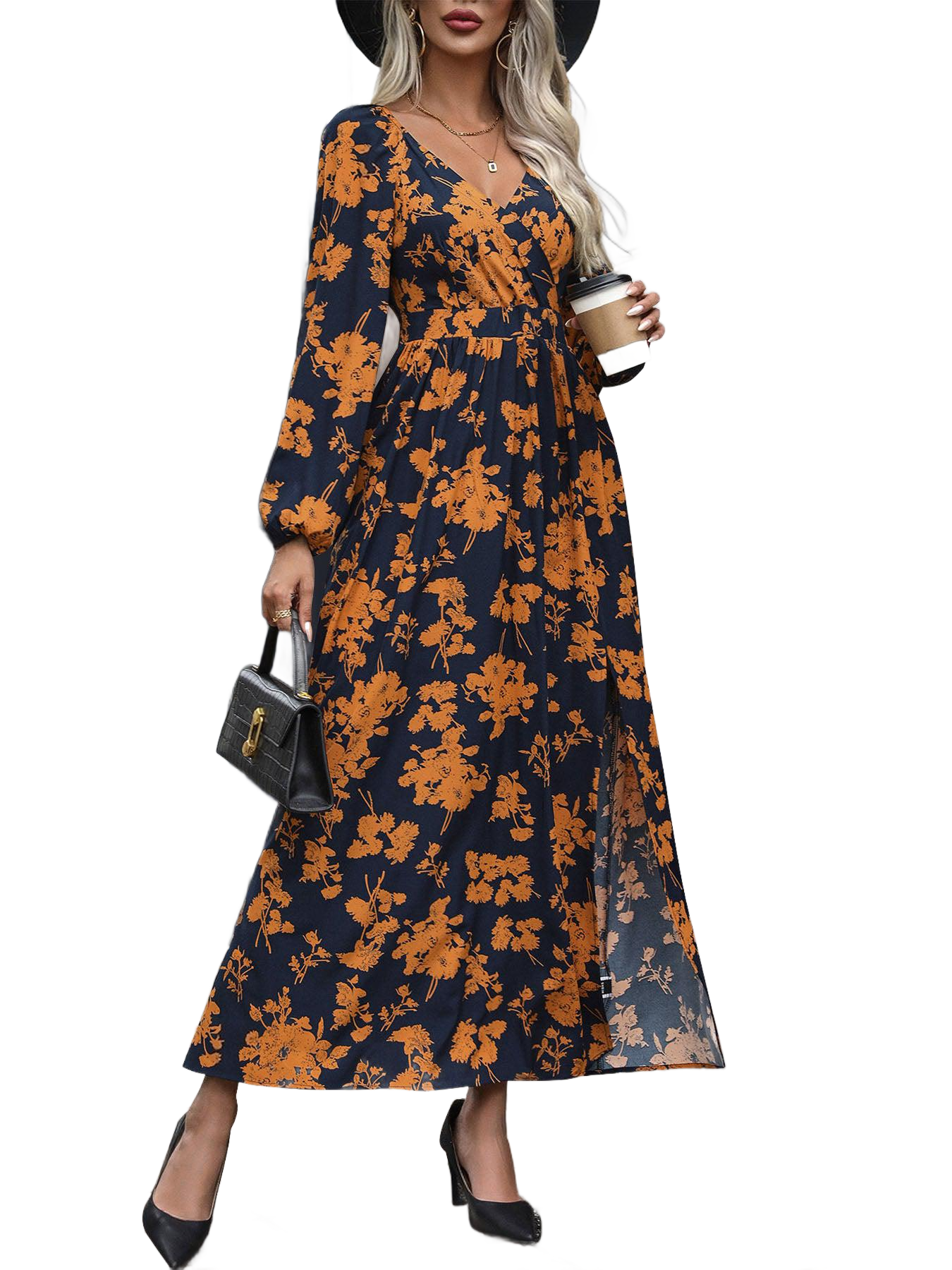 Split Printed Surplice Long Sleeve Midi Dress