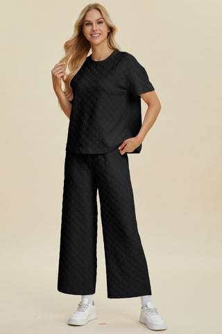 Full Size Texture Round Neck Short Sleeve Top and Pants Set