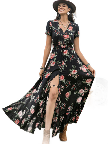 Split Printed V-Neck Short Sleeve Dress