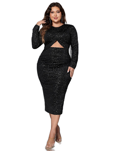 Plus Size Cutout Slit Round Neck Long Sleeve Dress