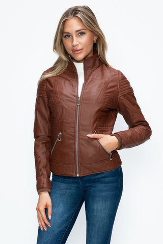 MI Faux Layered Double-Zipper Jacket with Fuzzy Hood