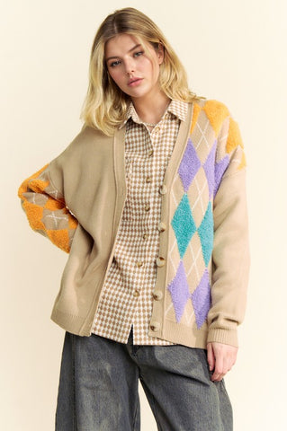 Davis & Dani Argyle V-Neck Dropped Shoulder Cardigan