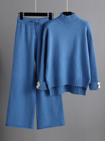 Basic Be High-Low Turtleneck Long Sleeve Top and Pants Sweater Set