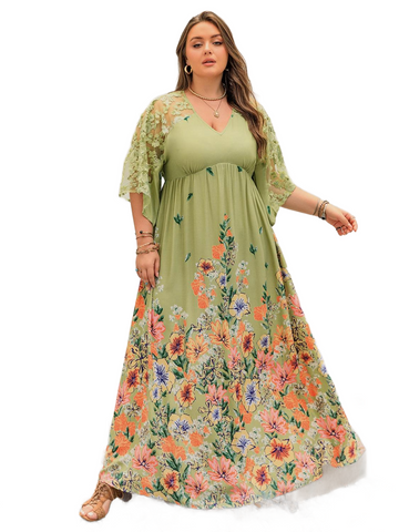 Plus Size Lace Detail Floral Half Sleeve Dress