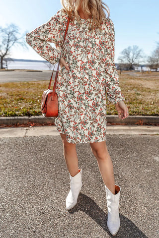 Floral Round Neck Long Sleeve Mini Dress