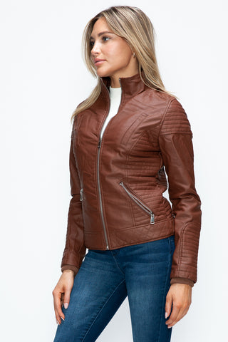 MI Faux Layered Double-Zipper Jacket with Fuzzy Hood