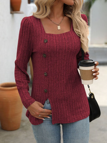 Decorative Button Striped Square Neck Long Sleeve T-Shirt