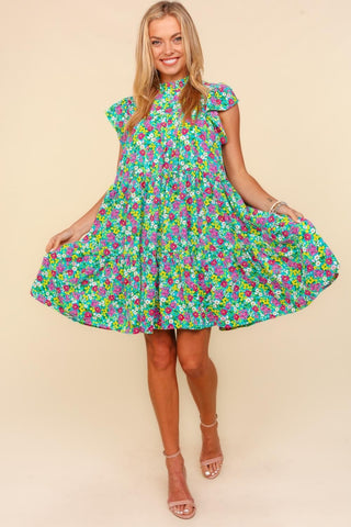 Frilled Mock Neck Ditsy Floral Dress