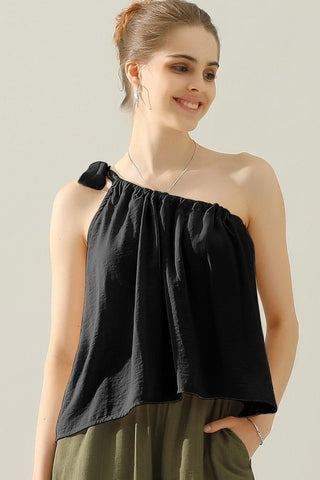 Nine xis One Shoulder Bow Tie Strap Satin Silk Top