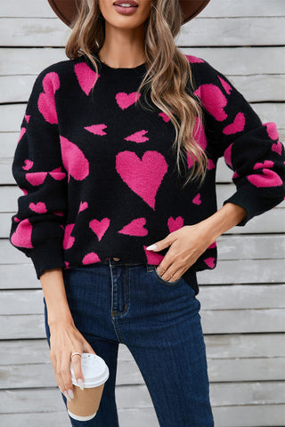 Heart Contrast Round Neck Long Sleeve Sweater