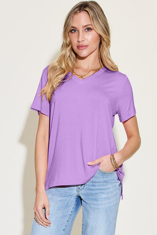 Bamboo Full Size V-Neck High-Low T-Shirt