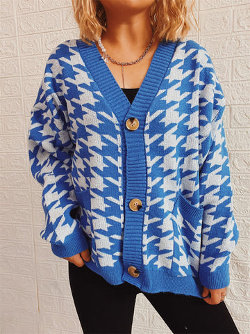 Hounds tooth Bottom Front  Cardigan with Pockets