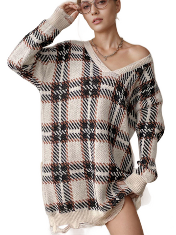 Distressed Plaid V-Neck Long Sleeve Sweater Dress