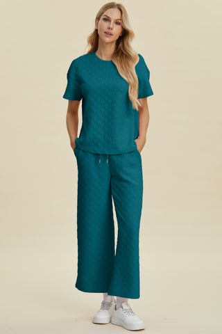 Full Size Texture Round Neck Short Sleeve Top and Pants Set