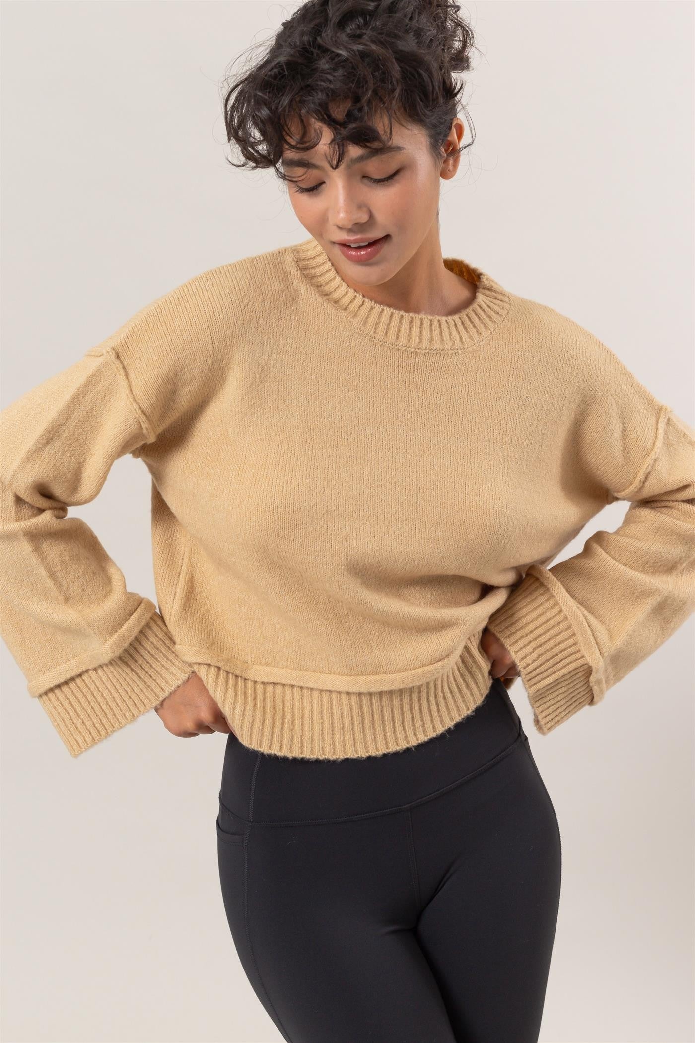 HAVE Round Neck Dropped Shoulder Ribbed Sweater