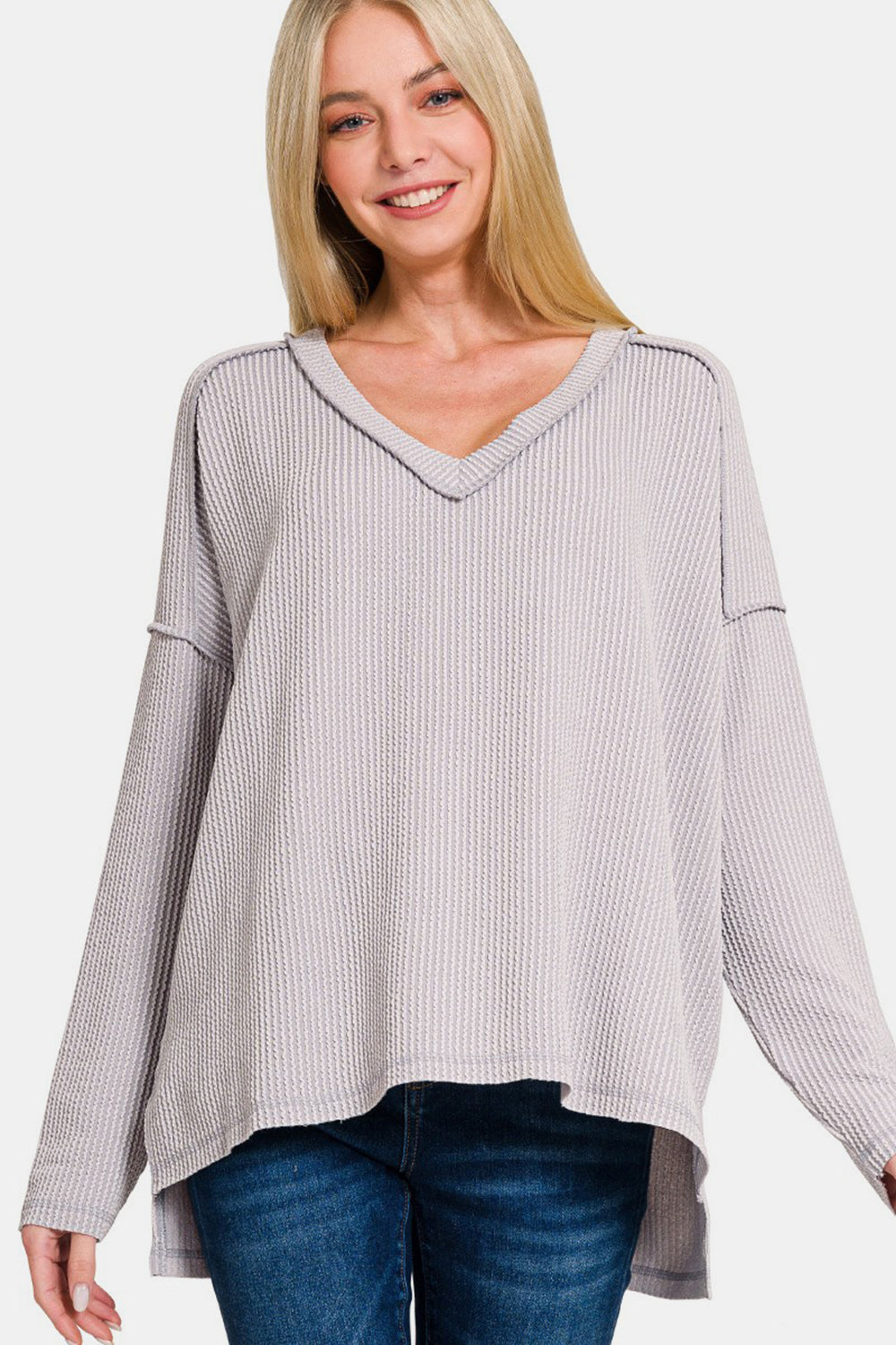 Ze nana Texture Exposed Seam V-Neck Long Sleeve T-Shirt