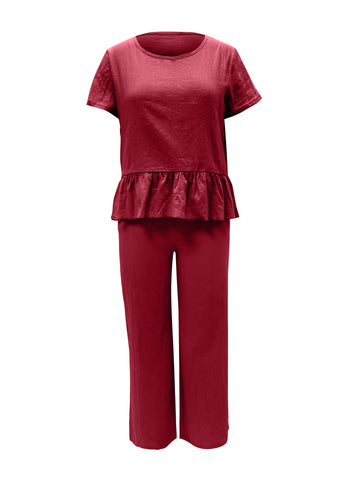 Peplus Round Neck Short Sleeve Top and Pants Set