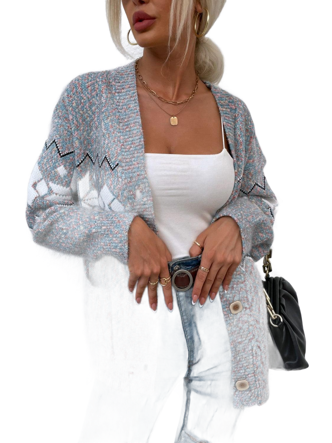 Feathered Pocketed Button Up Cardigan