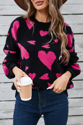 Heart Contrast Round Neck Long Sleeve Sweater