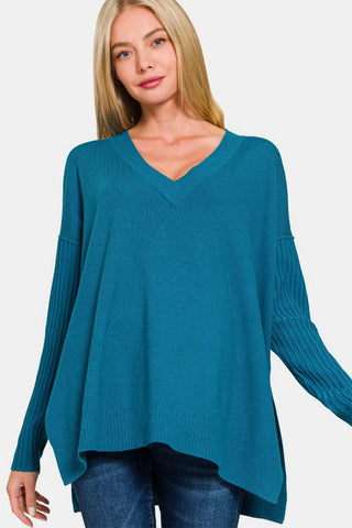 V-Neck Side Slit High-Low Sweater