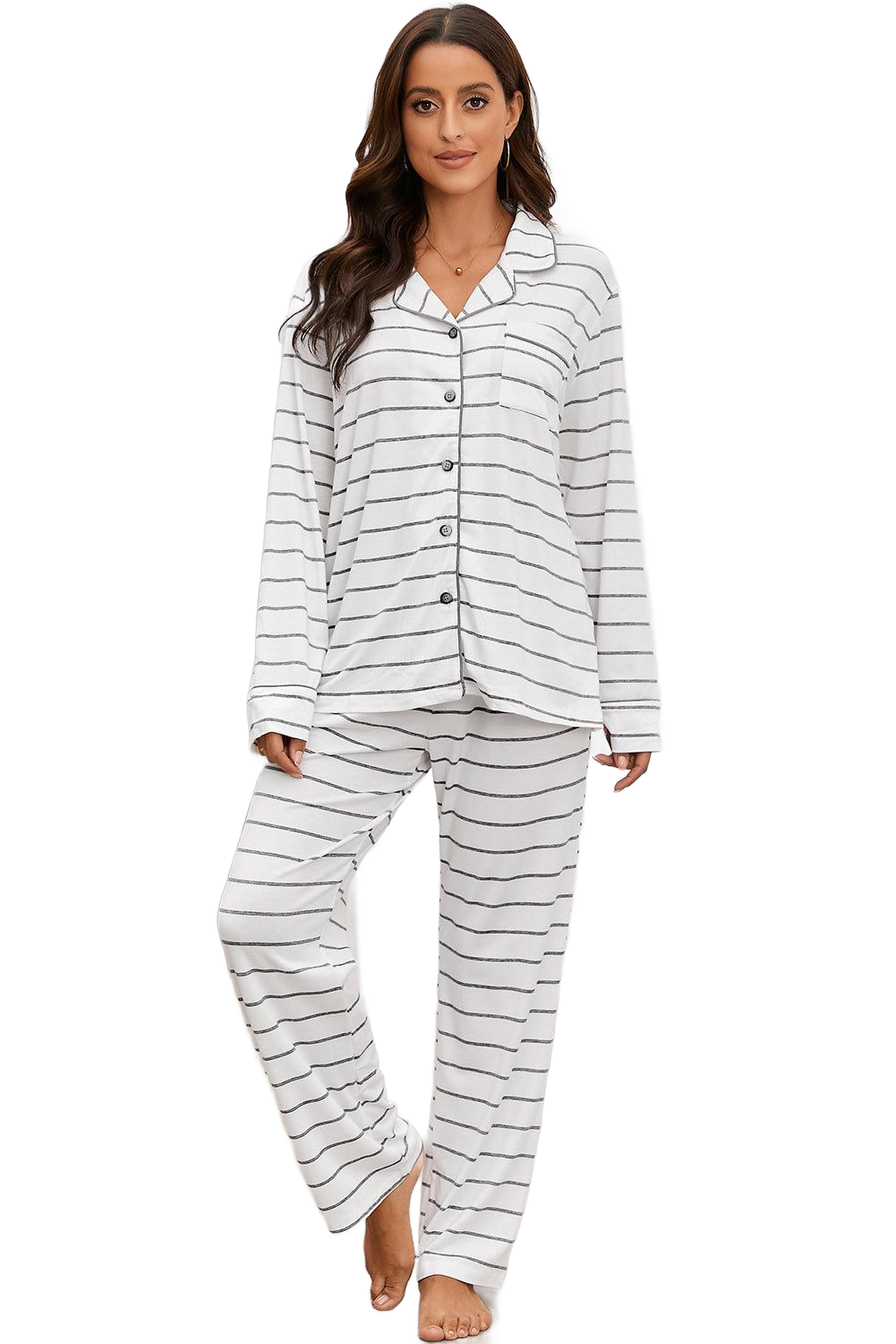 Striped V-Neck Long Sleeve Top and Pants Lounge Set