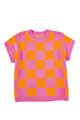 Checkered Round Neck Short Sleeve Sweater