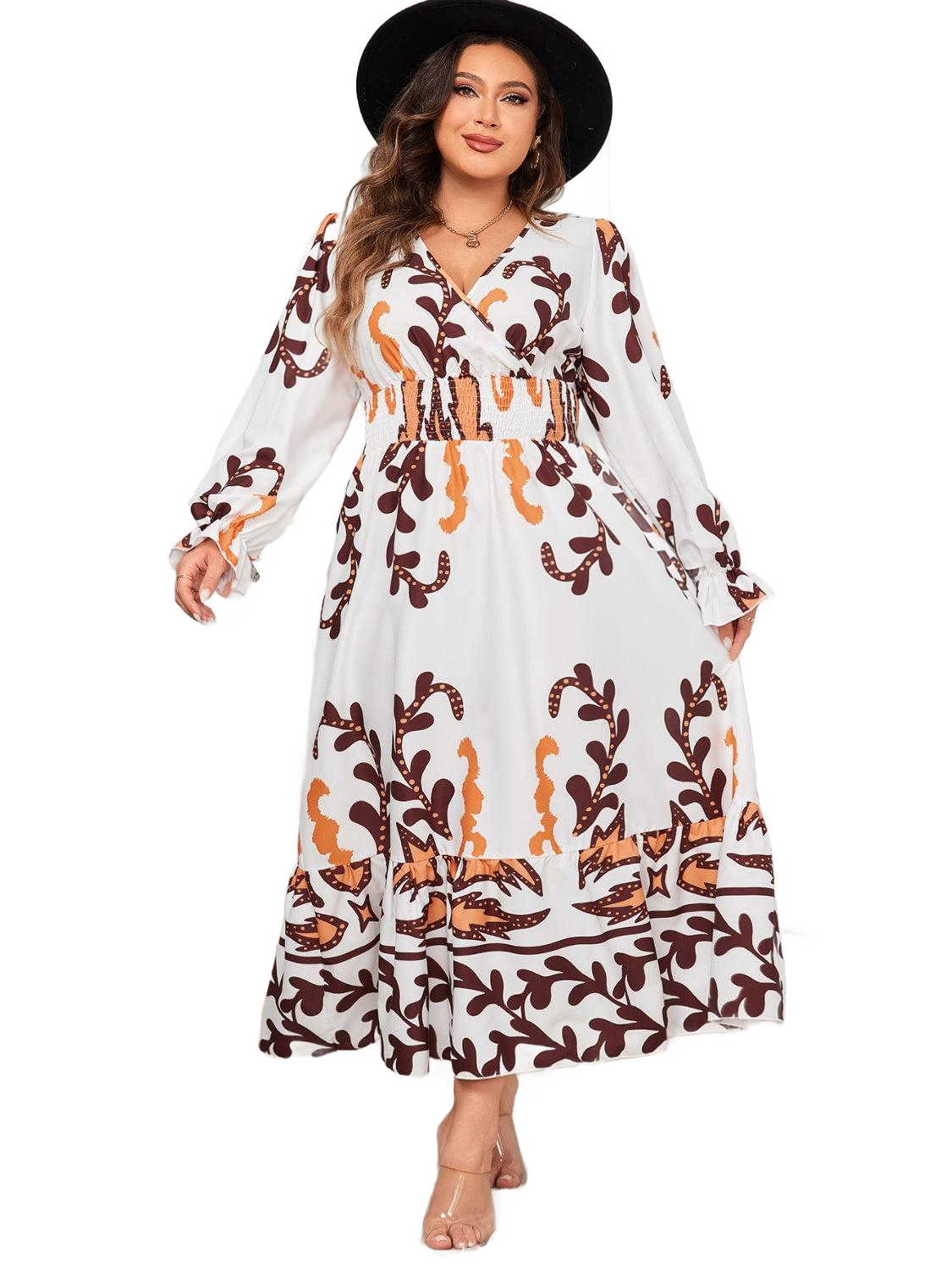 Plus Size Printed Surplice Flounce Sleeve Dress