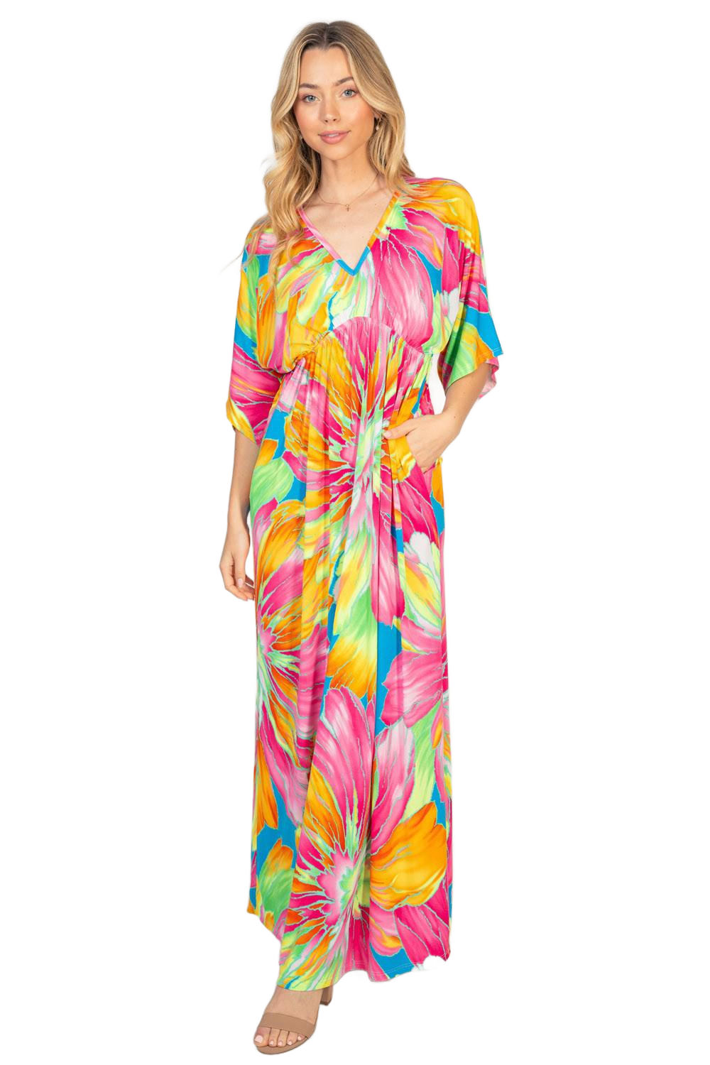 Printed V-Neck Maxi Dress with Pockets