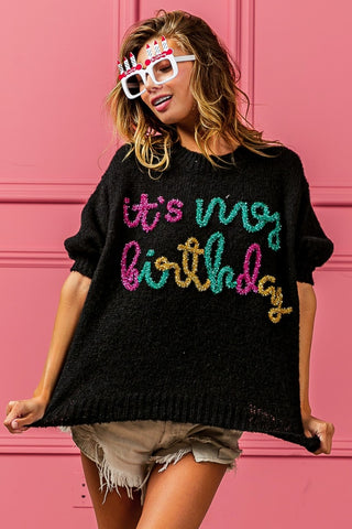 Bib Metallic Letter Puff Sleeve Hairy Sweater