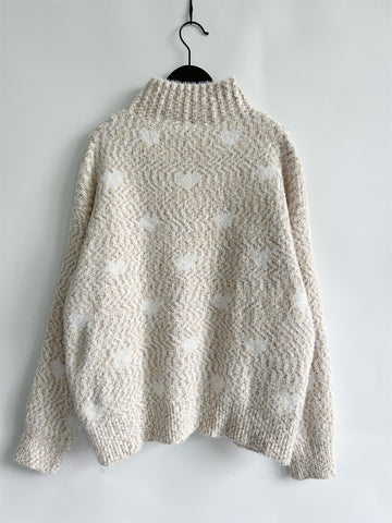 Heart Feathered Turtleneck Drop Shoulder Sweater