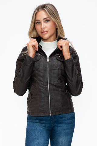 PMI Removable Faux Layered Multi-Pocket Jacket with Fuzzy Hood