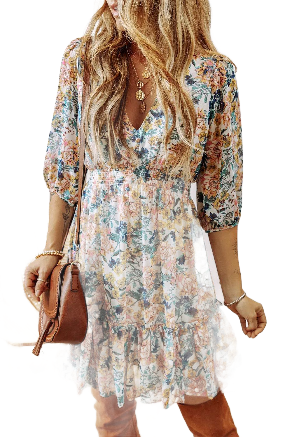 Printed V-Neck Half Sleeve Dress