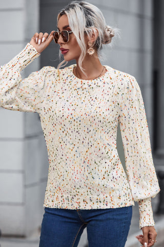 Feathered Round Neck Lantern Sleeve Sweater