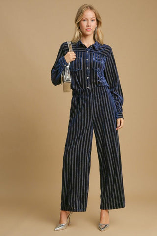 Full Size Elastic Waist Striped Wide Leg Velvet Pants