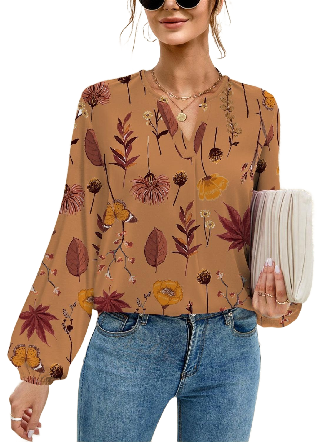 Printed Notched Long Sleeve Blouse