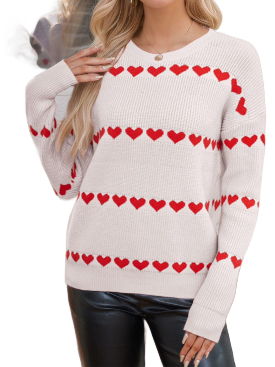 Heart Round Neck Long Sleeve Sweater