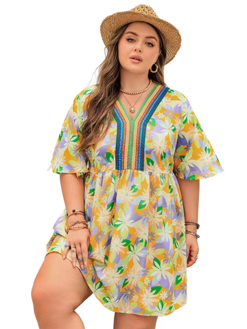 Plus Size Printed V-Neck Half Sleeve Mini Dress