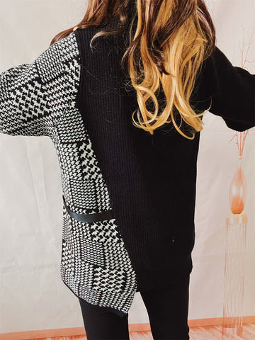 Hounds tooth Turtleneck Long Sleeve Slit Sweater