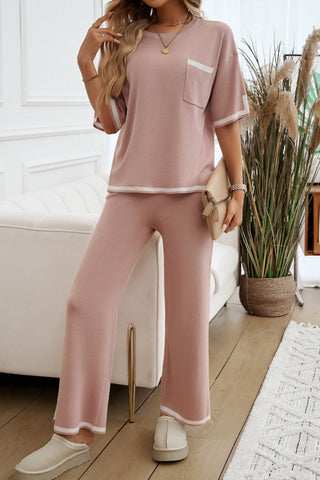 Contrast Trim Half Sleeve Top and Pants Set