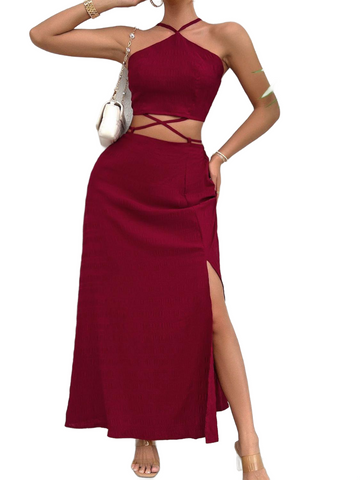 Grecian Neck Top and Slit Skirt Set