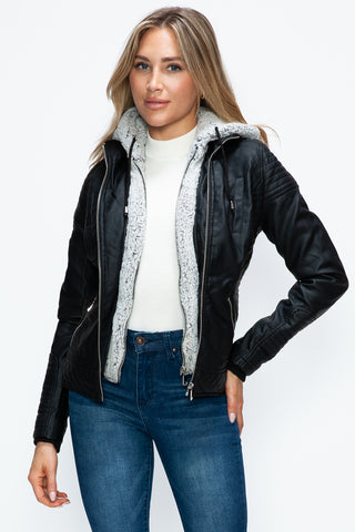 PMI Faux Layered Double-Zipper Jacket with Fuzzy Hood