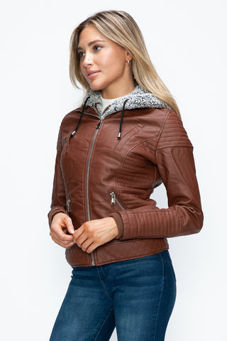 MI Faux Layered Double-Zipper Jacket with Fuzzy Hood