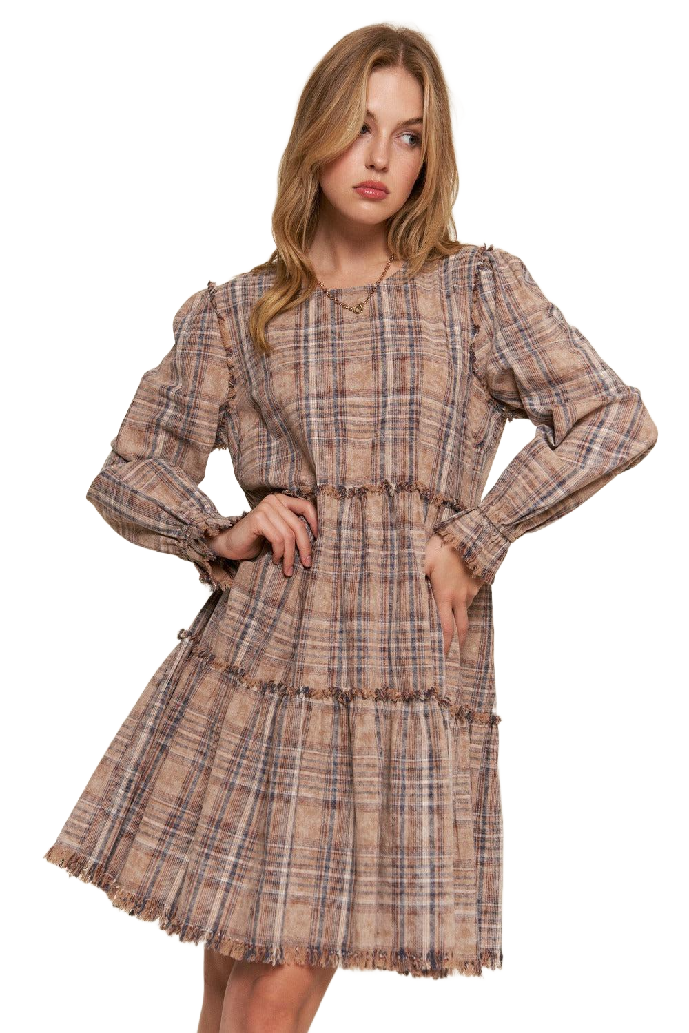 Full Size Washed Frayed Tiered Plaid Dress