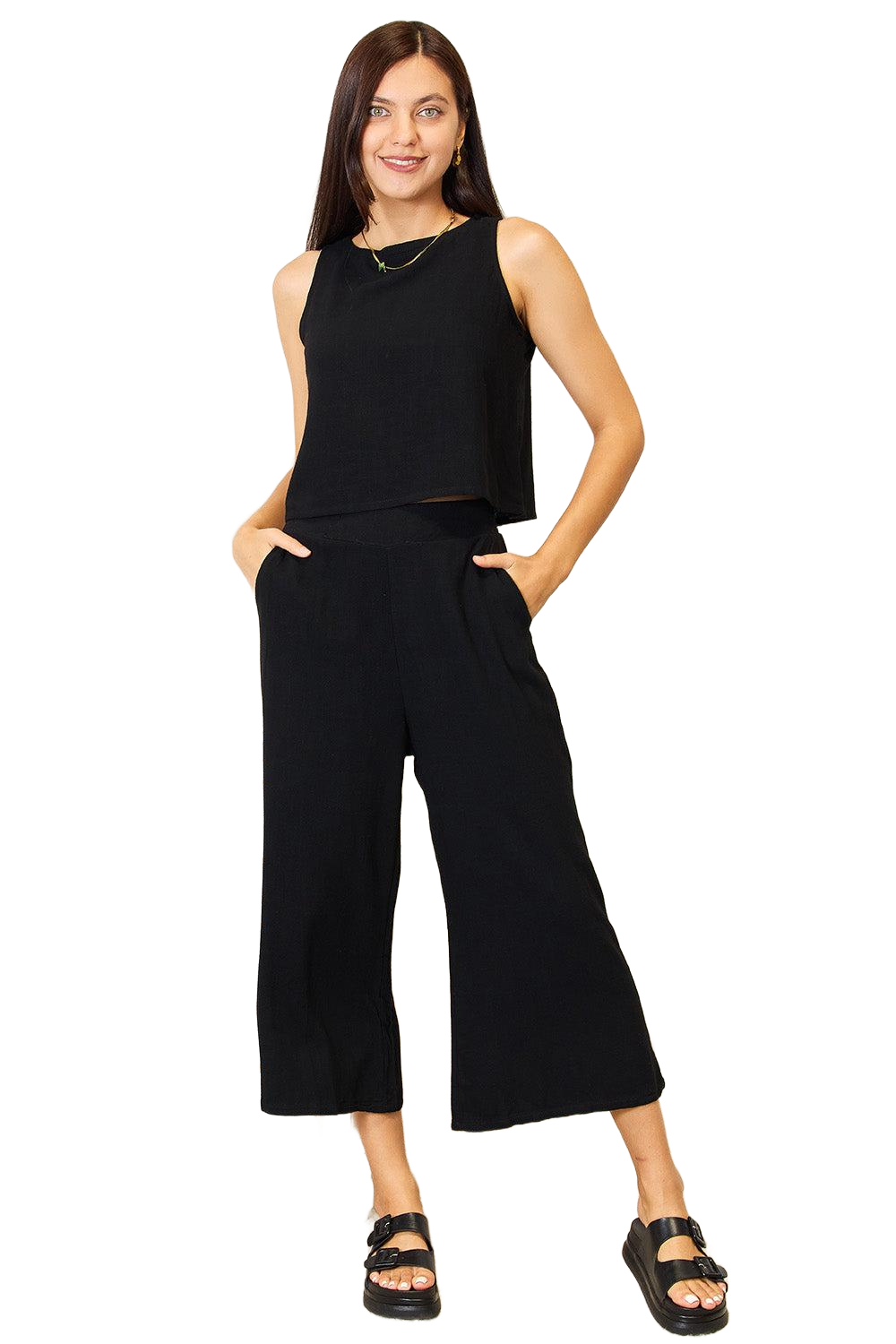 Buttoned Round Neck Tank and Wide Leg Pants Set